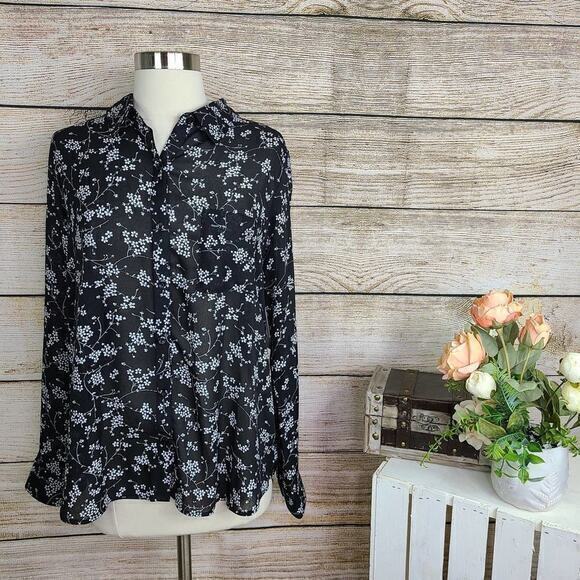 NWT BP Sheer Black Floral Button Down Collar Top Medium - Picture 1 of 6